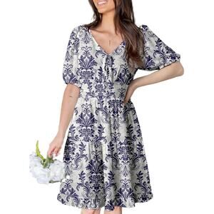 Women Lantern Sleeve Mini Dress Elastic Waist A-Line Blue Baroque Print Size L
